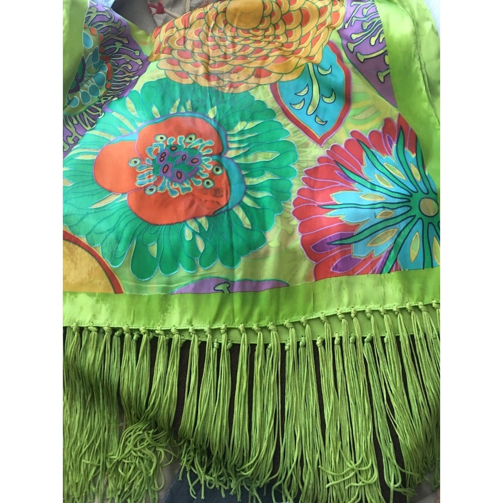 Anthropologie Farm Rio Silk Floral Scarf Green Tassels Bohemian Wrap Accessory